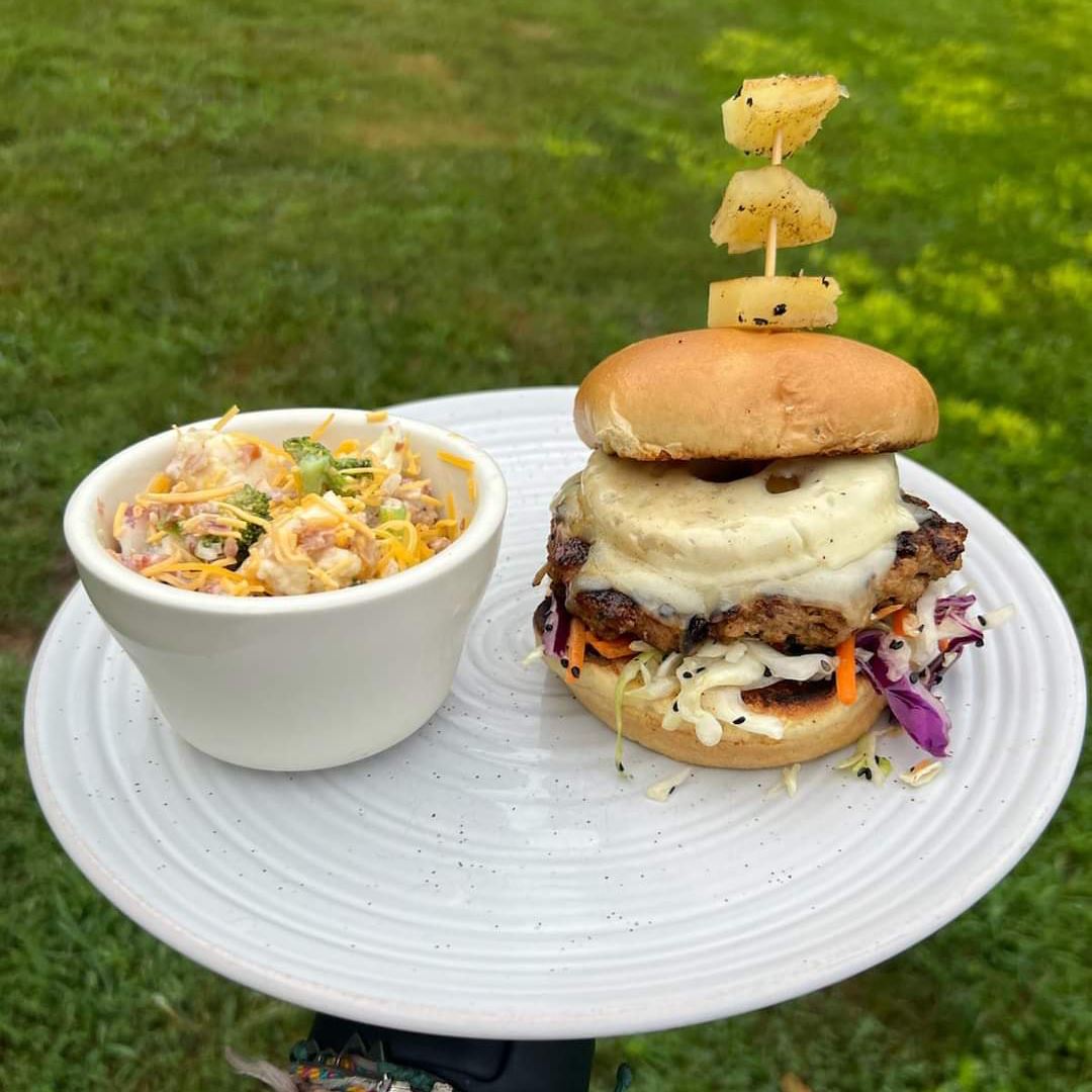Teriyaki turkey burger topped with grilled pineapple