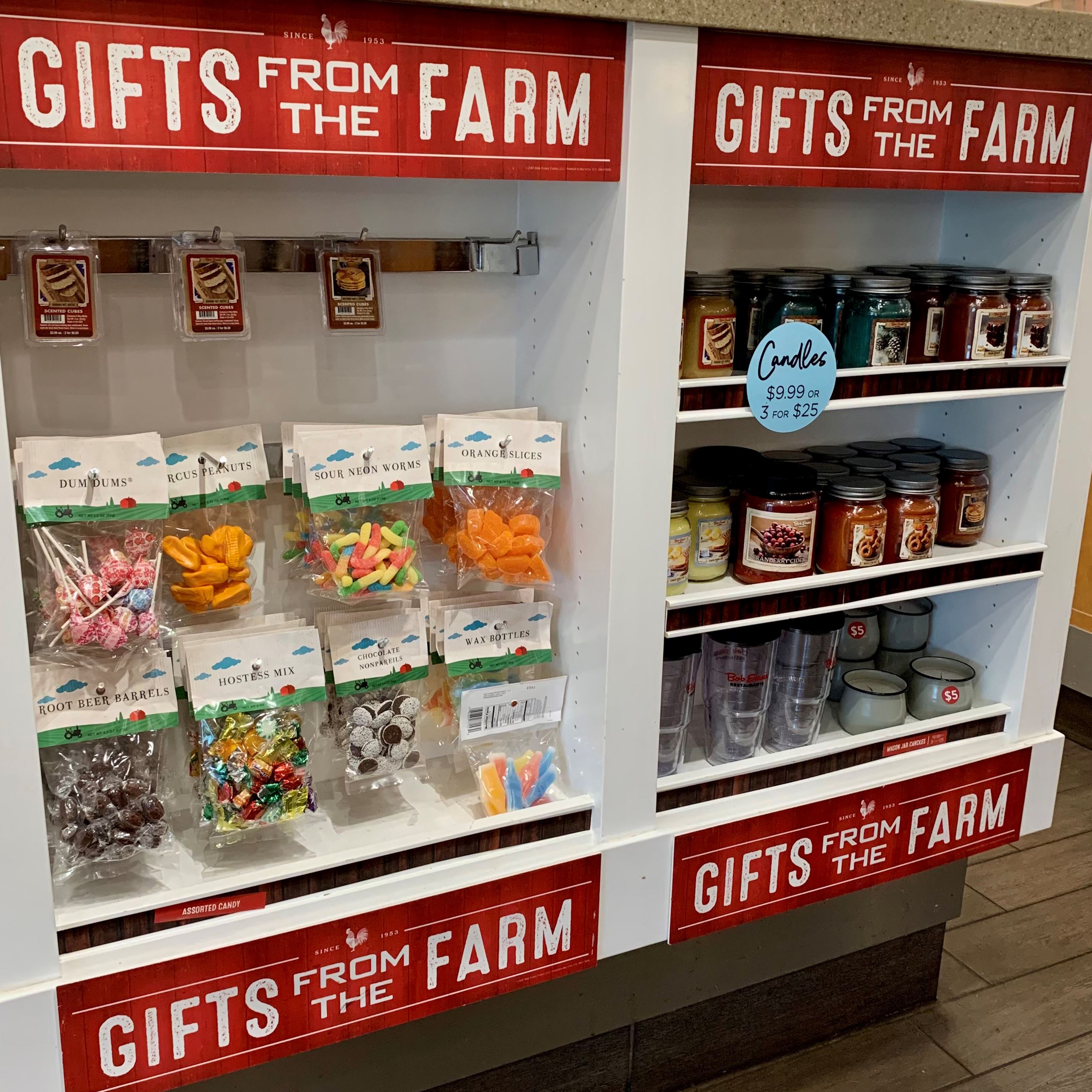 Display that reads "Gifts from the farm" with jellies and candy