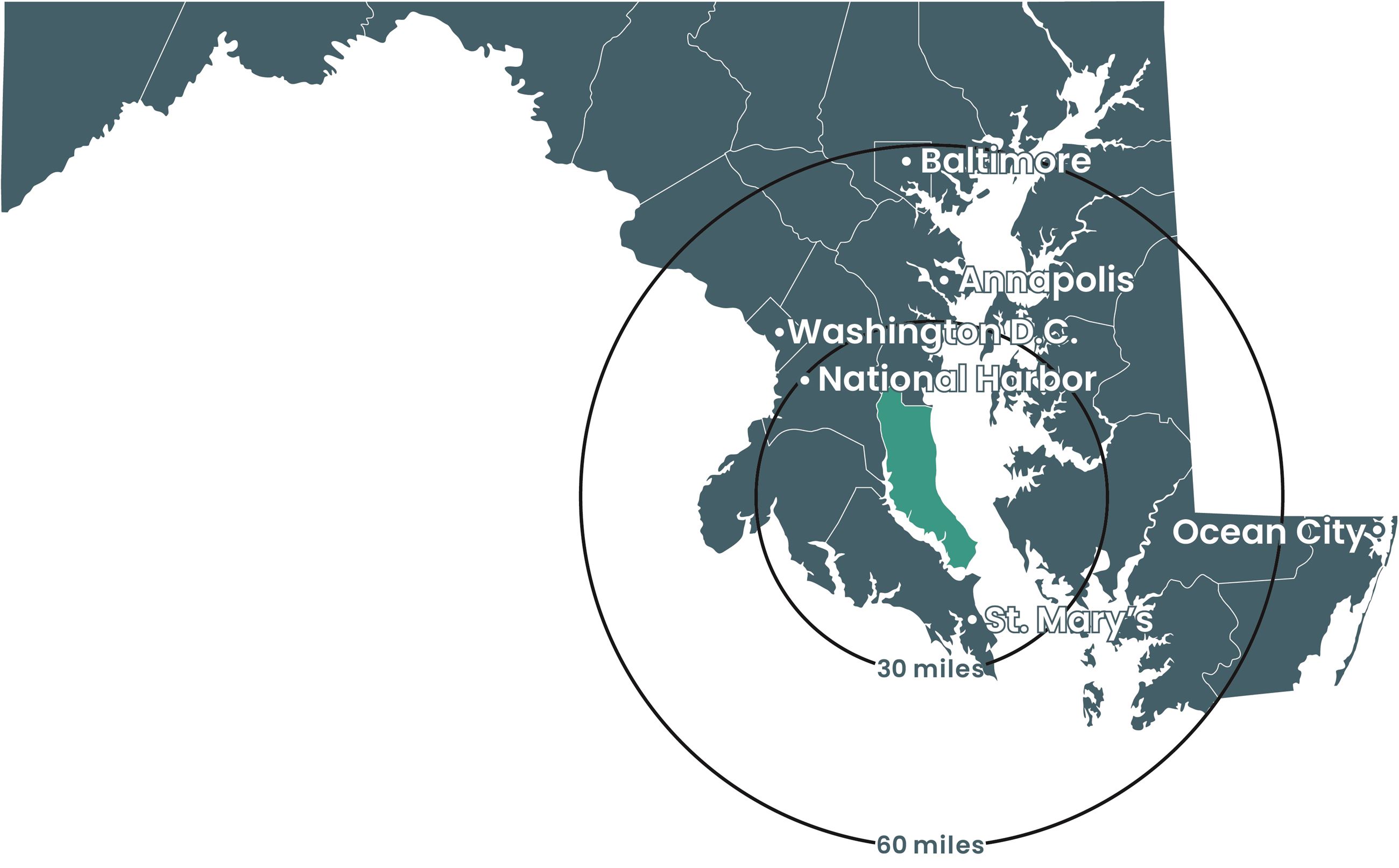Map showing Calvert County's proximity to DC, Baltimore, and Annapolis